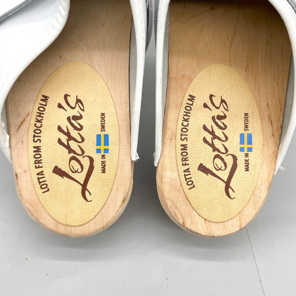 Lotta From Stockholm Womens 38 7.5 White Leather Classic Swedish Clogs Wood Heel - Picture 9 of 12
